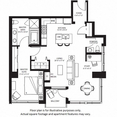 Floor plan for 1 bed, 1.5 baths, 1041 sqft